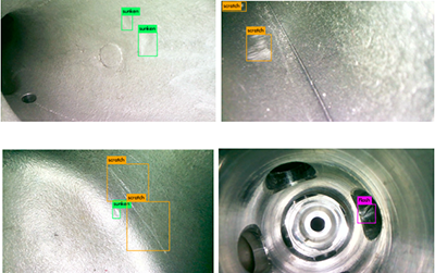 AI智能識別系統(tǒng)內(nèi)窺鏡損傷自動識別示例：裂縫、缺損、腐蝕、嚴重積碳、凹陷等