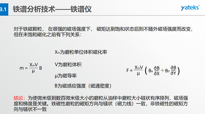 鐵譜儀中顆粒的沉積過程：含有磨粒的油樣流經磁場時，磨粒受到重力、 液體浮力、 磁場力和顆粒 下落過程中所受油液粘滯阻力的聯合作用。  重力和浮力的合力同磁場力相比是很小的，可以忽略不計，在磨粒的沉積過程中，磁場力和粘滯阻力起著決定性的作用。