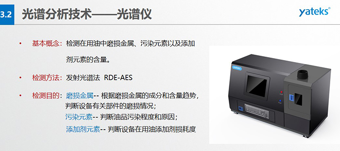 基本概念：檢測在用油中磨損金屬、污染元素以及添加劑元素的含量。檢測方法：發(fā)射光譜法  RDE-AES 檢測目的：磨損金屬 -- 根據(jù)磨損金屬的成分和含量趨勢， 判斷設(shè)備有關(guān)部件的磨損情況；  污染元素 -- 判斷油品污染程度和原因； 添加劑元素 -- 判斷設(shè)備在用油添加劑損耗度
