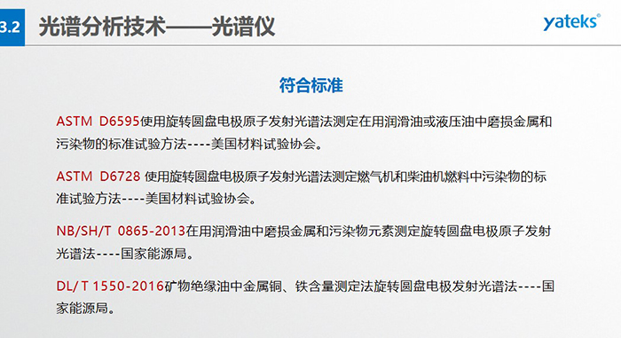 ASTM D6595使用旋轉(zhuǎn)圓盤電極原子發(fā)射光譜法測定在用潤滑油或液壓油中磨損金屬和污染物的標準試驗方法----美國材料試驗協(xié)會。 &nbsp; ASTM D6728 使用旋轉(zhuǎn)圓盤電極原子發(fā)射光譜法測定燃氣機和柴油機燃料中污染物的標準試驗方法----美國材料試驗協(xié)會。 &nbsp; NB/SH/T 0865-2013在用潤滑油中磨損金屬和污染物元素測定旋轉(zhuǎn)圓盤電極原子發(fā)射光譜法----國家能源局。 &nbsp; DL/ T 1550-2016礦物絕緣油中金屬銅、鐵含量測定法旋轉(zhuǎn)圓盤電極發(fā)射光譜法----國家能源局。